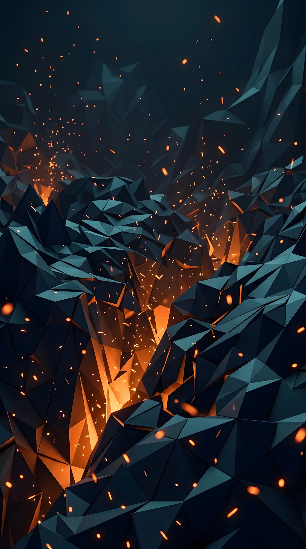 Abstract Low Poly Geometric Pattern in Blue and Orange with Glowing Sparks - Free 4K mobile Wallpaper
