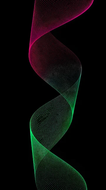 Minimalist digital illustration of a vertical S-curve folded shape made from dense neon red, green, and white dot-matrix wireframe pixels on black.