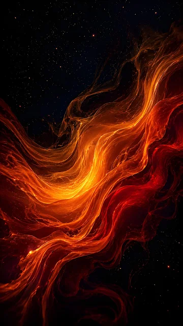 Flowing, textured waves of orange, red, and amber light sweeping diagonally across a starlit black void.