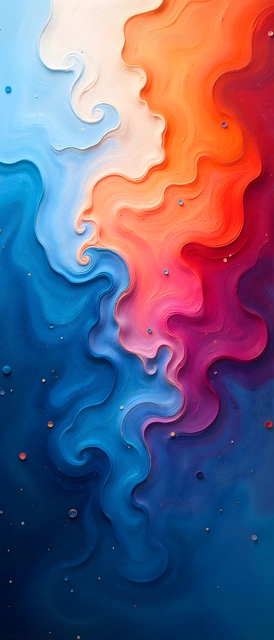 Close-up of sculpted blue, orange, and pink paint waves with fine droplet textures.