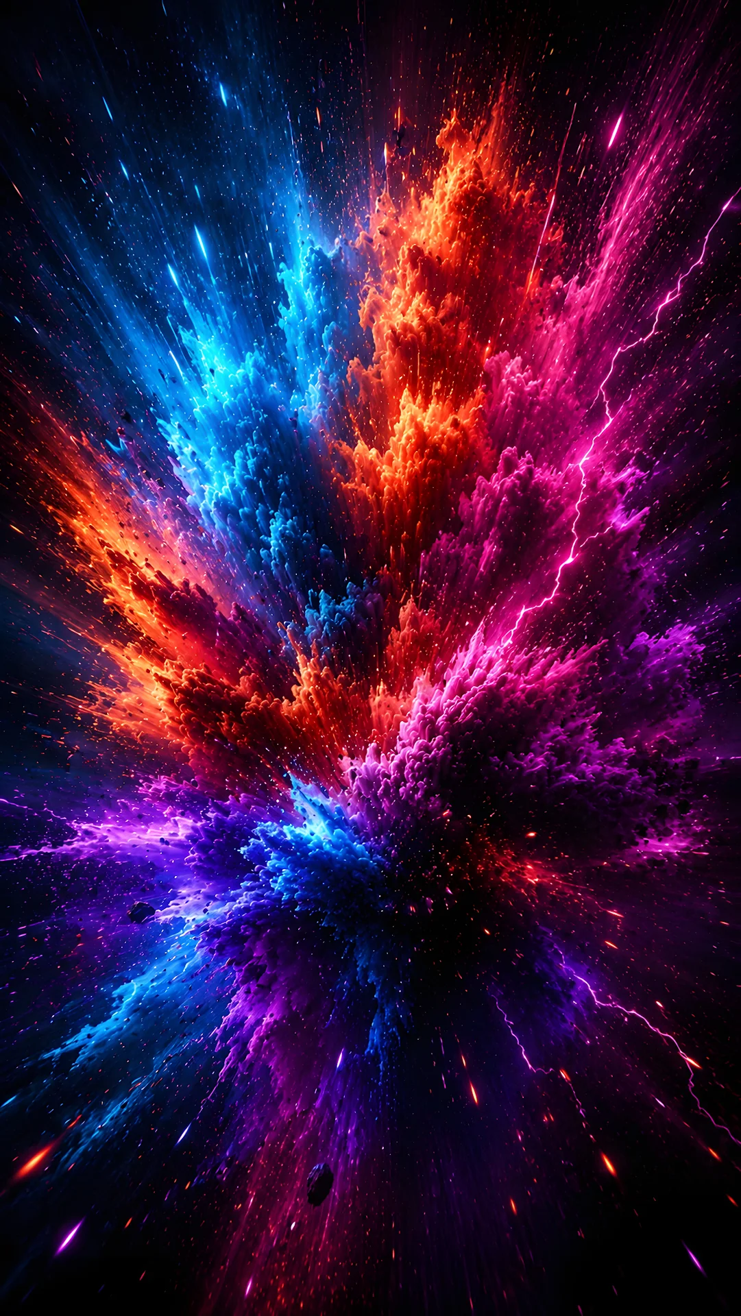 Abstract powder particle explosion in cyan magenta and fiery orange - Free 4K mobile Wallpaper