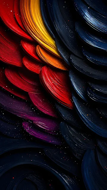 3D render of sweeping textured impasto paint strokes in a gradient from red and yellow to deep navy blue.