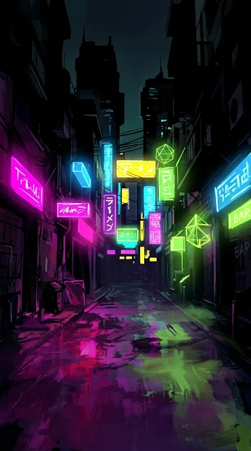Abstract Rainy Cyberpunk Alley with Neon Reflections - Free 4K & 8K mobile Wallpaper