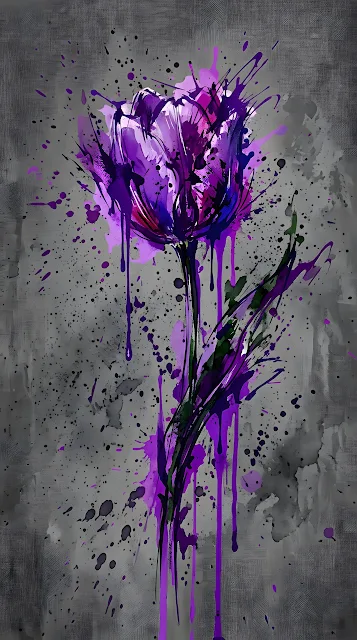 Abstract Splatter Painting of a Single Purple Tulip - Free mobile Wallpaper