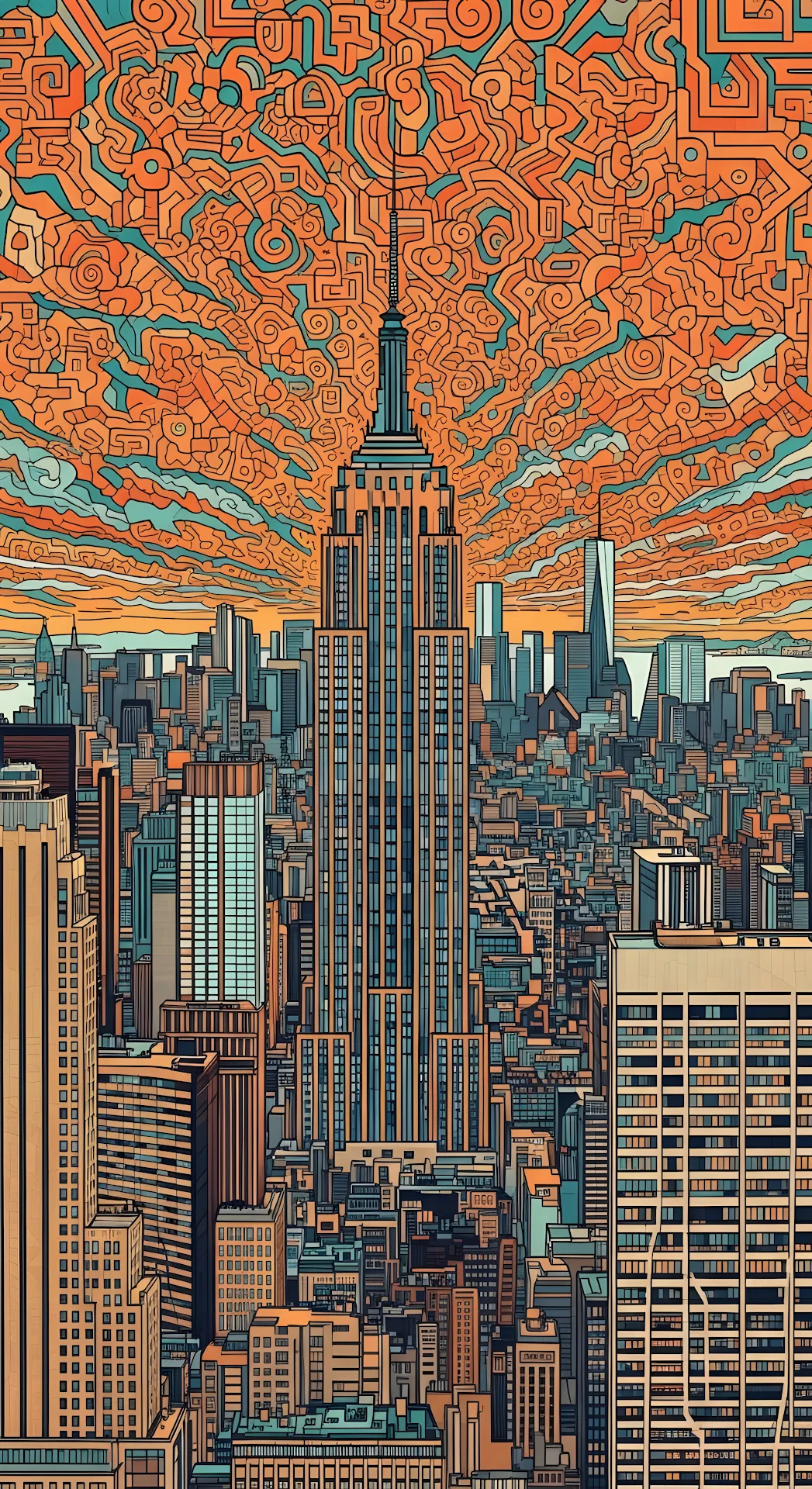 Abstract Stylized NYC Skyline Illustration with Patterned Background - Free 4K mobile Wallpaper