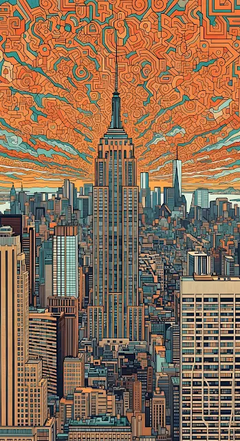 Abstract Stylized NYC Skyline Illustration with Patterned Background - Free mobile Wallpaper