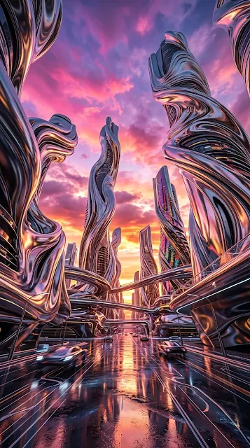 Abstract Surreal Cityscape with Liquid Metal Skyscrapers - Free 4K & 8K mobile Wallpaper