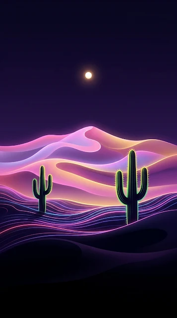 Abstract Surrealist Neon Desert Dunes Cactus Mobile Wallpaper - Free 4K & 8K mobile Wallpaper