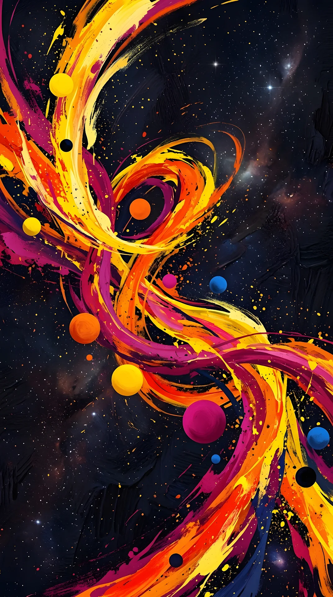 Abstract Swirling Colorful Ribbons and Floating Spheres Composition - Free 4K mobile Wallpaper