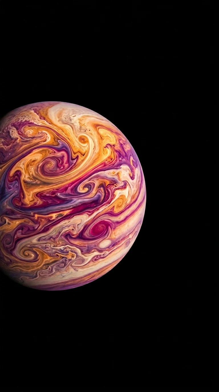 Abstract Swirling Colorful Ink Planet on Pure Black Wallpaper - Free 8K and 4K mobile Wallpaper Background