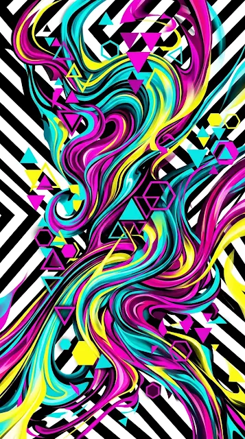 Abstract Swirling Forms in Magenta and Turquoise on Striped Background - Free 4K & 8K mobile Wallpaper