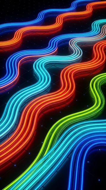 Abstract Swirling Neon Tube Pathways on Dark Grid Background - Free 4K & 8K mobile Wallpaper