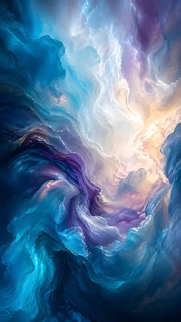Swirling wave-like abstract clouds of turquoise, deep blue, purple, and soft golden light.