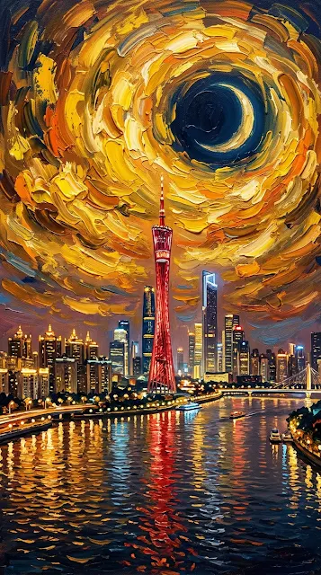 Abstract Swirling Sun Over Tokyo Tower Skyline Artwork - Free 4K & 8K mobile Wallpaper