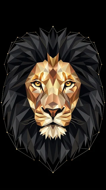 Abstract Symmetrical Low-Poly Lion Head Graphic on Black - Free 4K & 8K mobile Wallpaper