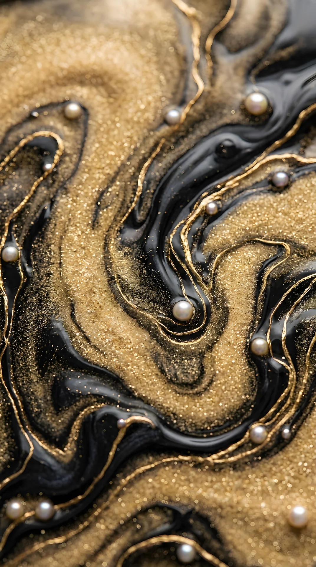Abstract Texture Blending Golden Sand and Black Liquid with Pearls - Free 4K mobile Wallpaper