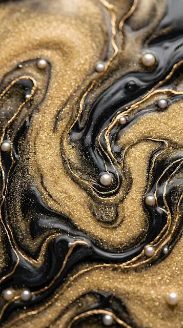 Abstract Texture Blending Golden Sand and Black Liquid with Pearls - Free mobile Wallpaper