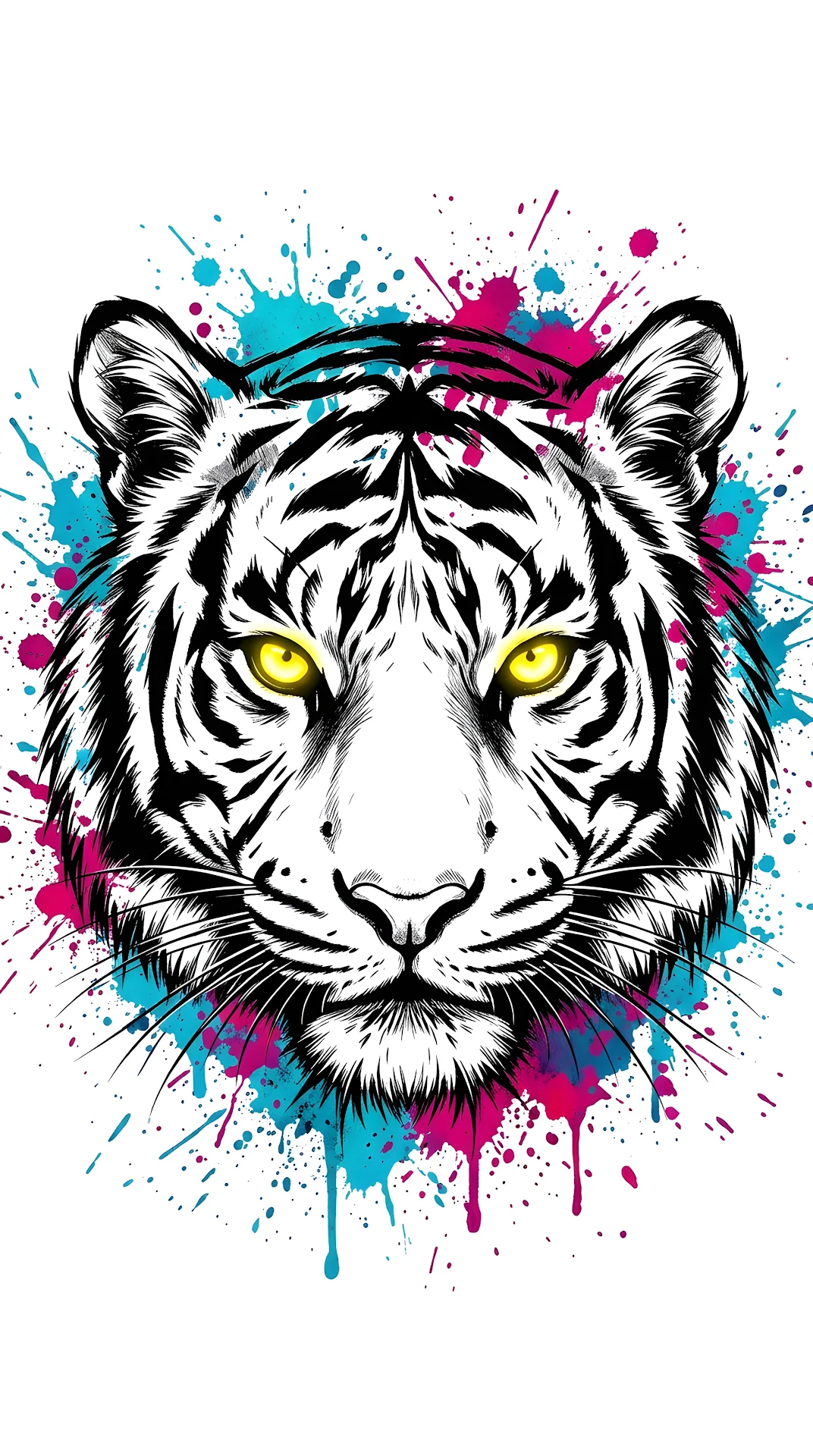 Abstract Tiger Face Illustration with Vibrant Paint Splatters and Intense Eyes - Free 4K mobile Wallpaper