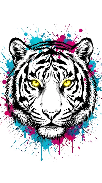 Abstract Tiger Face Illustration with Vibrant Paint Splatters and Intense Eyes - Free mobile Wallpaper