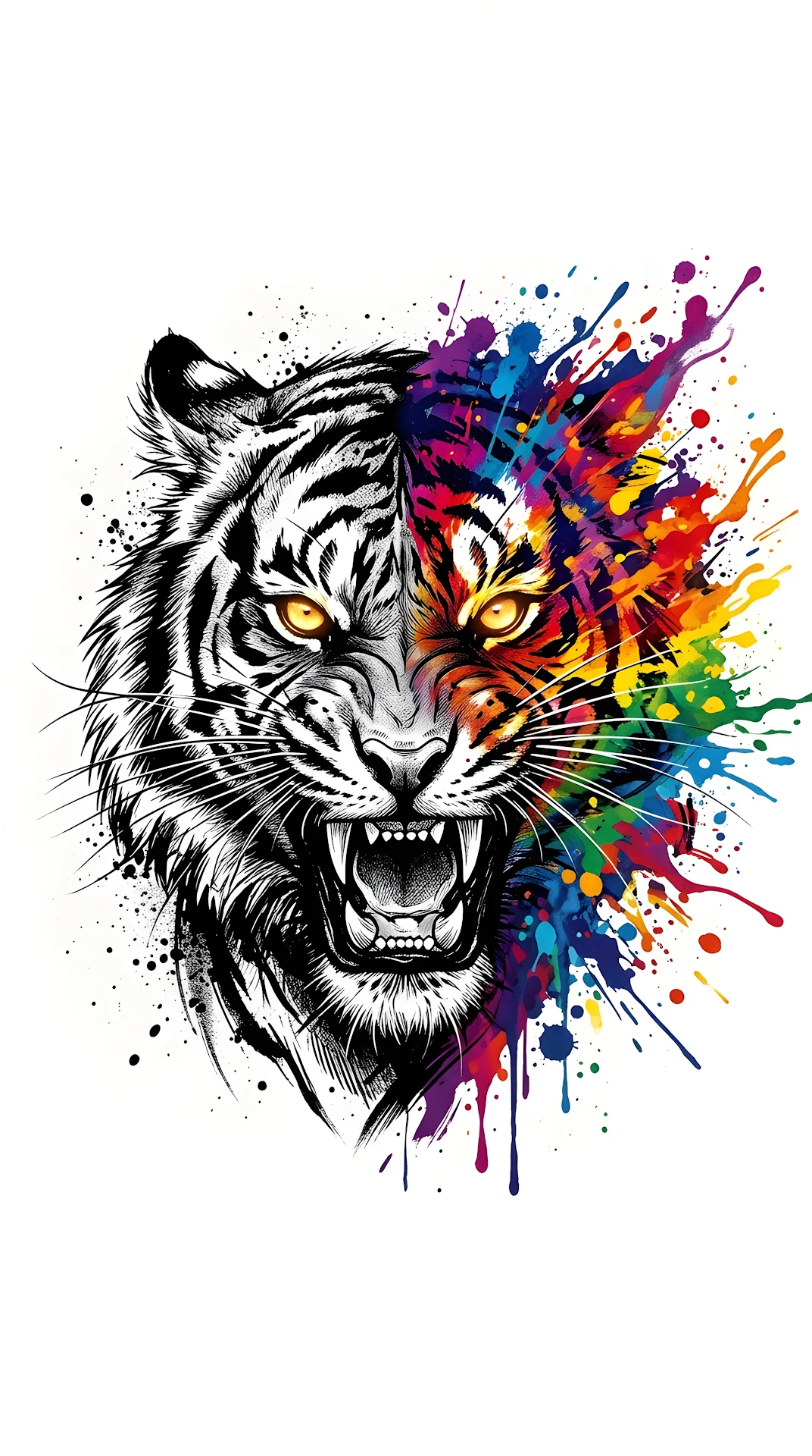 Abstract Tiger Head Illustration with Explosive Multi-Color Paint Splashes - Free 4K mobile Wallpaper