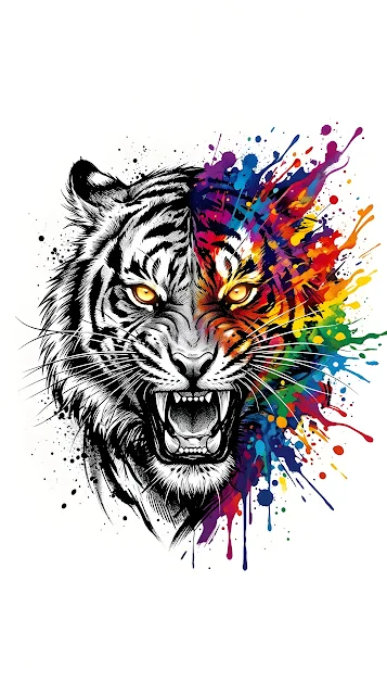 Abstract Tiger Head Illustration with Explosive Multi-Color Paint Splashes - Free mobile Wallpaper