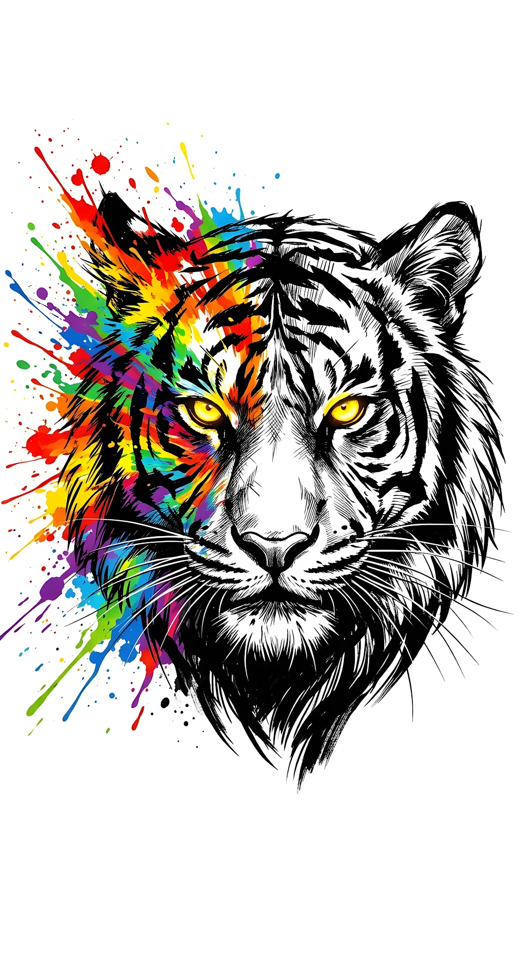 Abstract Tiger Head Illustration with Vibrant Rainbow Paint Splashes on White - Free 4K mobile Wallpaper