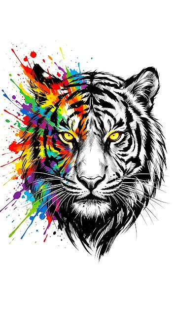 Abstract Tiger Head Illustration with Vibrant Rainbow Paint Splashes on White - Free mobile Wallpaper
