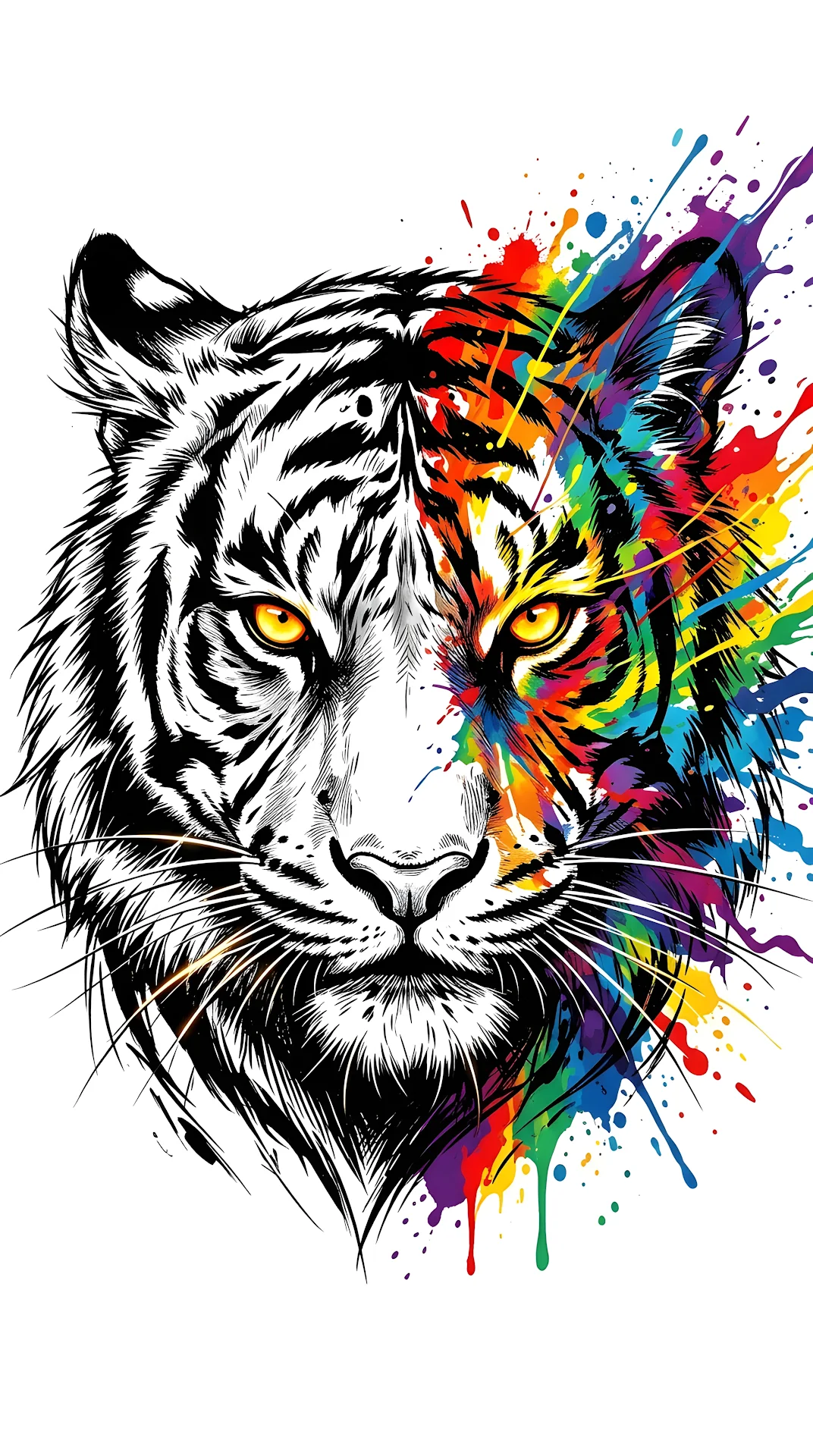 Abstract Tiger Head Illustration with Vibrant Rainbow Paint Splashes on White - Free 4K mobile Wallpaper