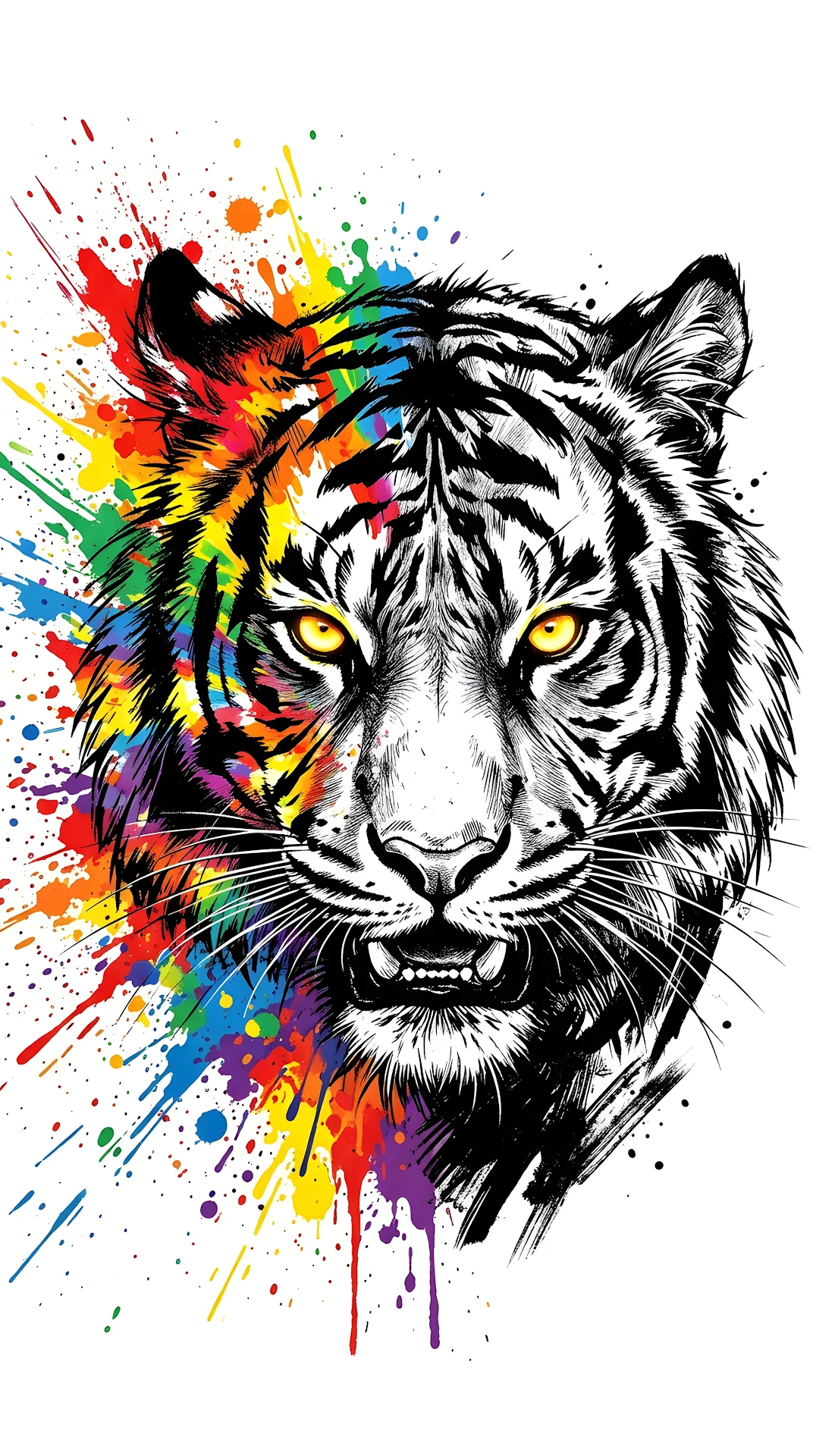 Abstract Tiger Head Illustration with Vibrant Rainbow Paint Splashes on White - Free 4K mobile Wallpaper
