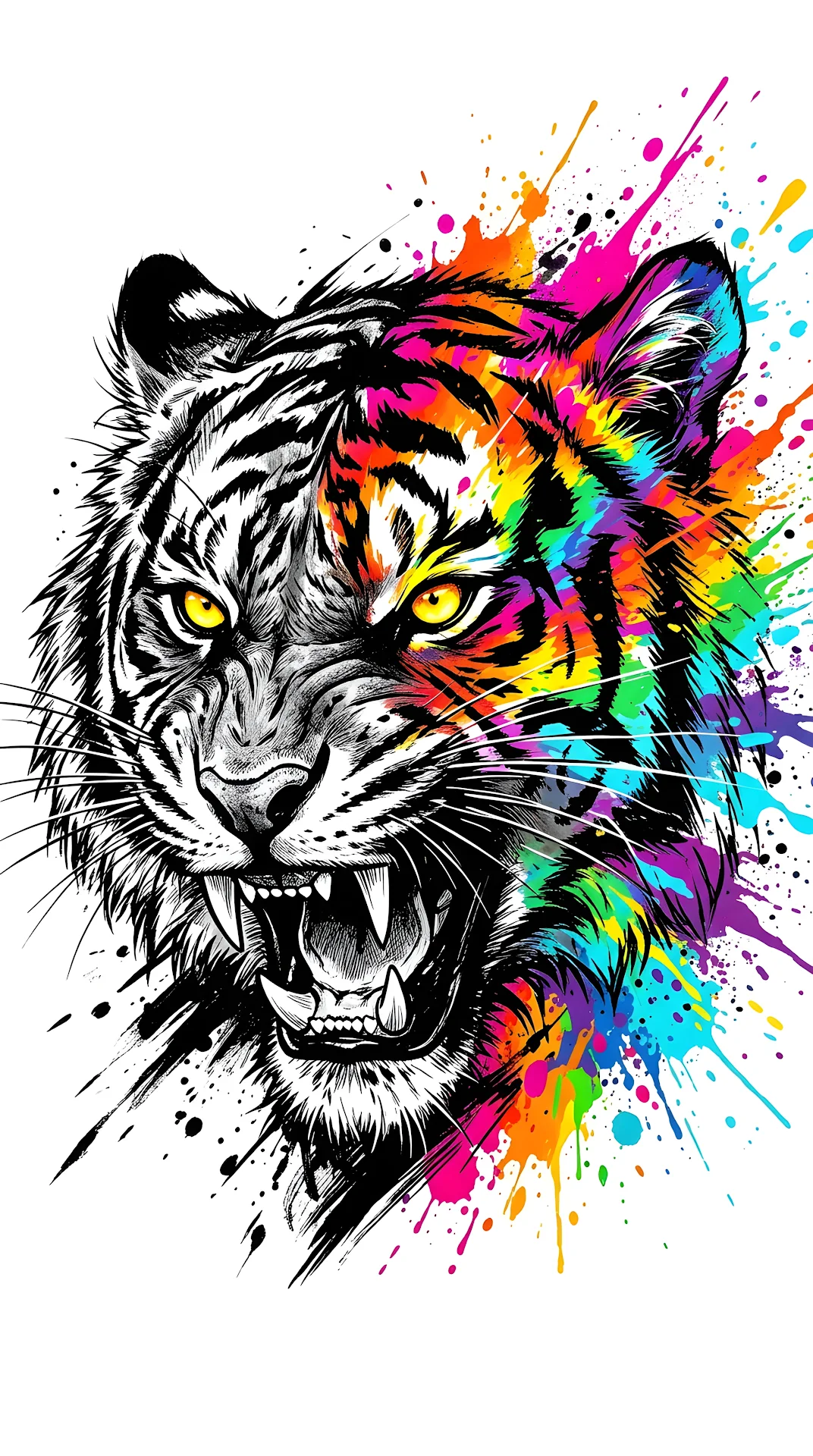 Abstract Tiger Head Illustration with Vibrant Rainbow Paint Splashes on White - Free 4K mobile Wallpaper