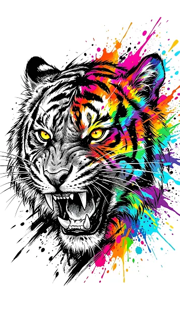 Abstract Tiger Head Illustration with Vibrant Rainbow Paint Splashes on White - Free mobile Wallpaper