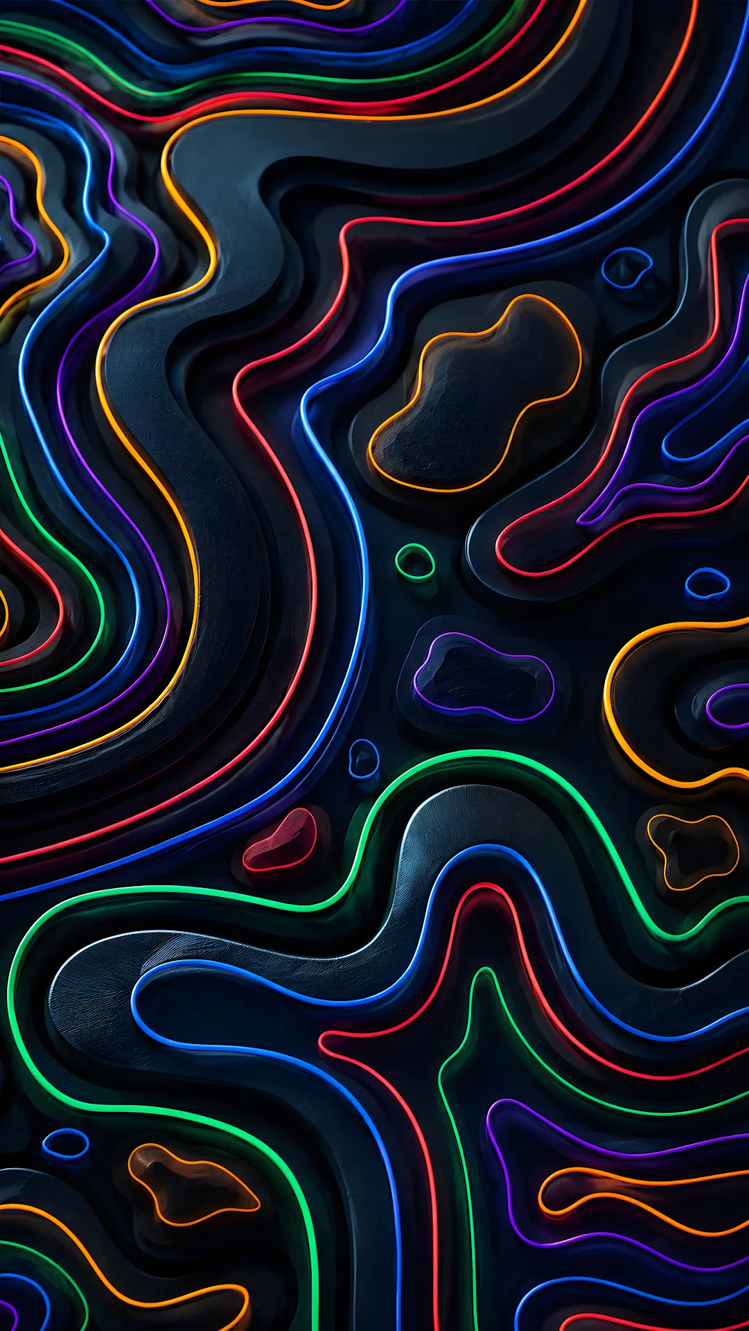 Abstract Topographic Relief Pattern Accentuated With Glowing Colorful Neon Lines - Free 4K mobile Wallpaper