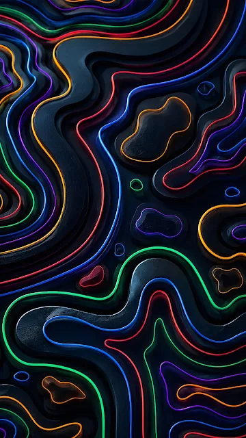 An abstract dark textured topographic elevation map with glowing neon ribbons in rainbow colors running along the contour curves.