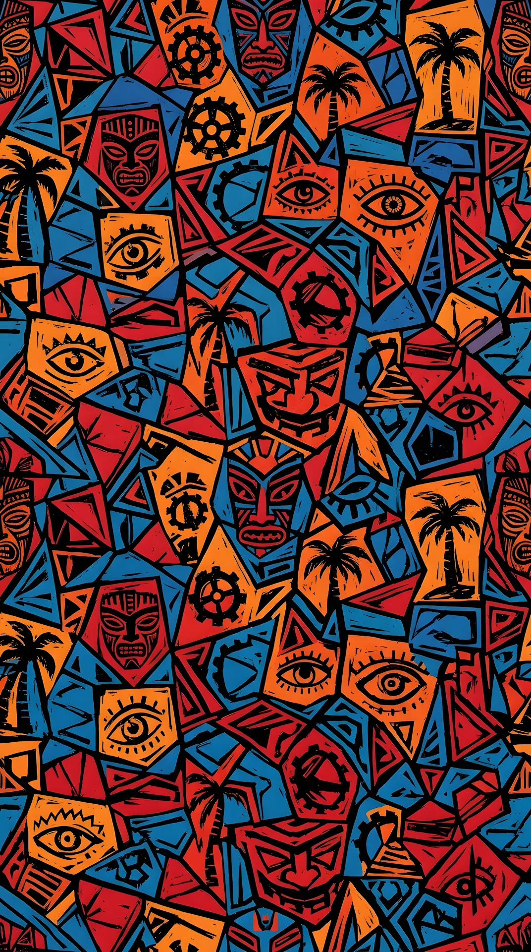 Abstract Tribal Mosaic Pattern with Masks Gears and Geometric Shapes - Free 4K mobile Wallpaper