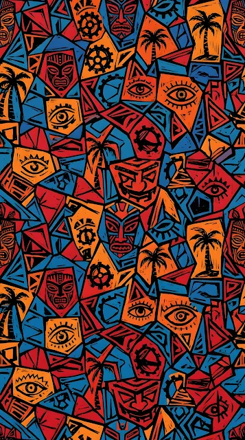Abstract Tribal Mosaic Pattern with Masks Gears and Geometric Shapes - Free mobile Wallpaper