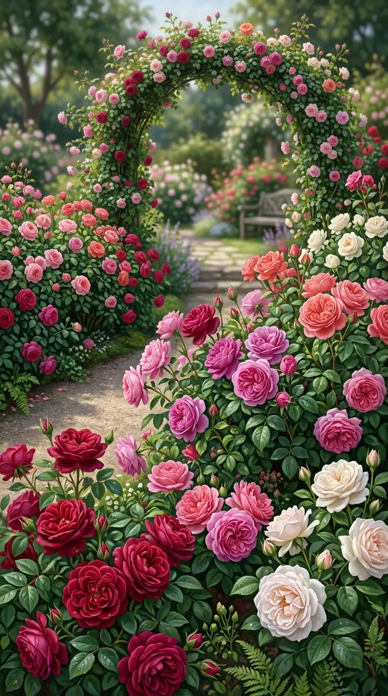 Abundant Rose Garden in Full Bloom with Crimson and Pink Petals - Free 8K and 4K mobile Wallpaper Background