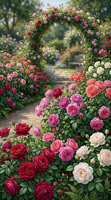 Abundant Rose Garden in Full Bloom with Crimson and Pink Petals - Free 4K & 8K mobile Wallpaper