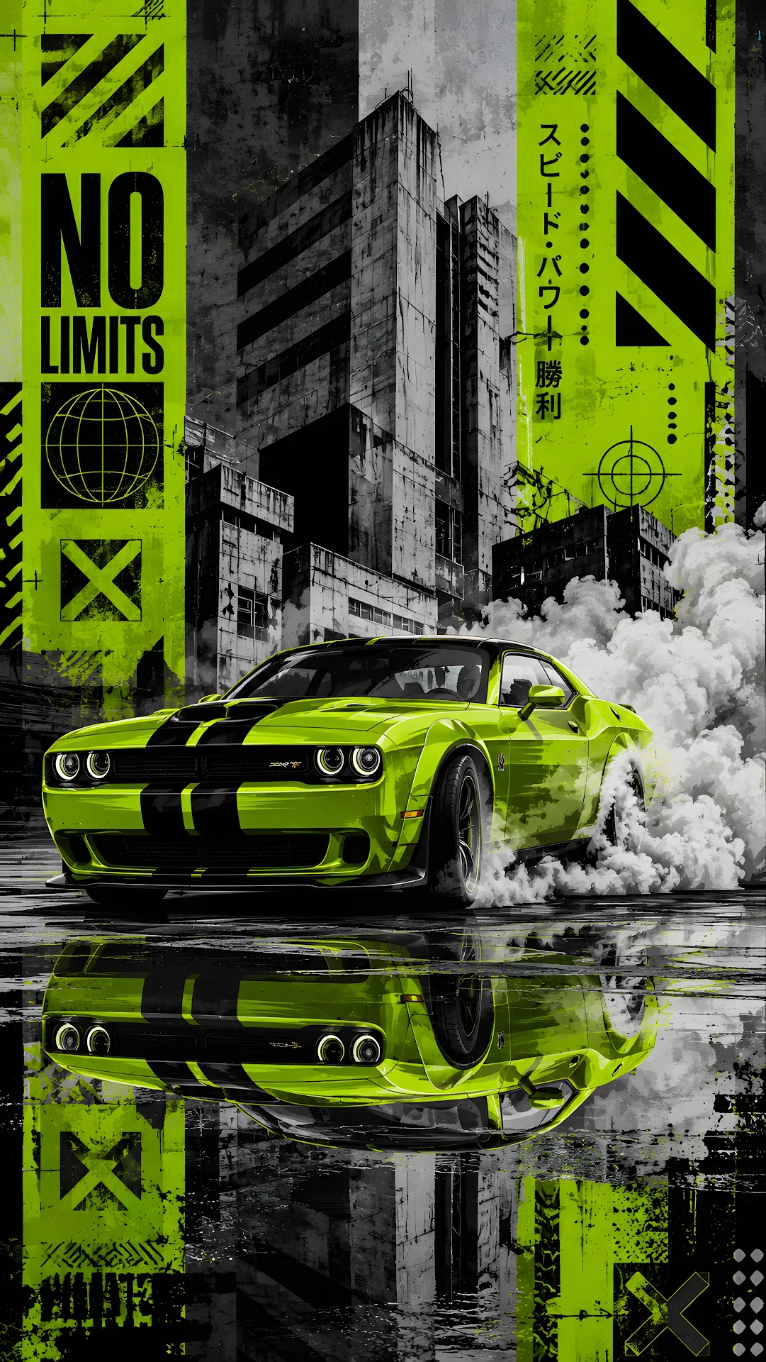 Acid green performance car drifting on urban street with smoke - Free 4K mobile Wallpaper