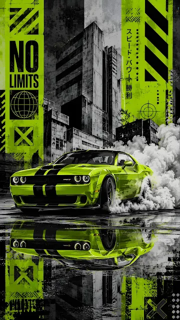 An acid green muscle car drifting on a wet street with white tire smoke, mirrored on a grunge graphic wet asphalt reflection below.
