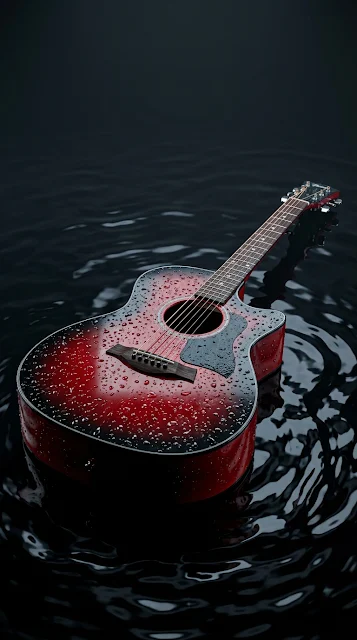 Acoustic Guitar with Water Droplets on Dark Rippling Water - Free 4K & 8K mobile Wallpaper