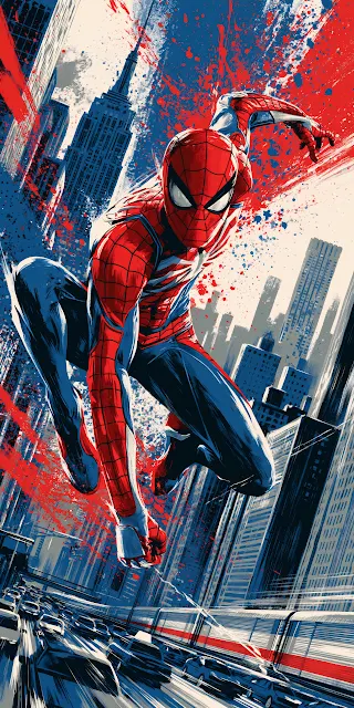 Dynamic comic book art of a masked red and blue superhero leaping over a high-speed urban street and skyscrapers.