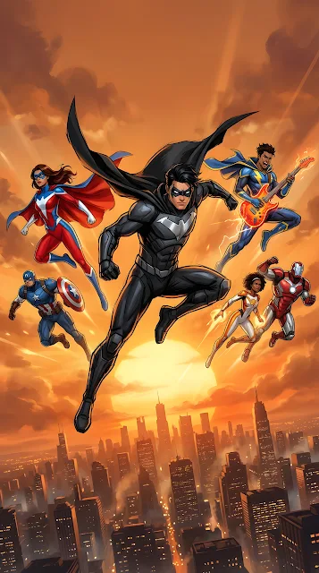 Action Illustration of Diverse Superheroes Leaping Across an Urban Sunset Sky - Free mobile Wallpaper