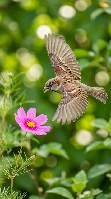 Action Macro Shot of a Sparrow Flying Toward a Pink Flower - Free 4K & 8K mobile Wallpaper