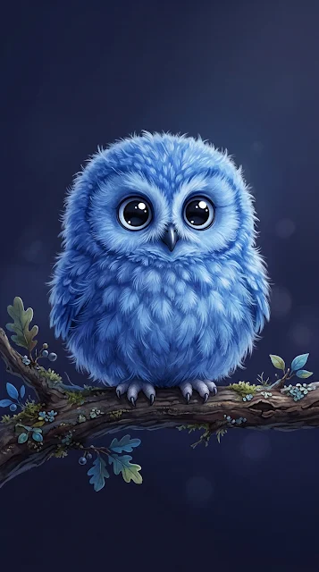 Adorable Fluffy Blue Cartoon Owl perched on Dark Branch - Free 4K & 8K mobile Wallpaper