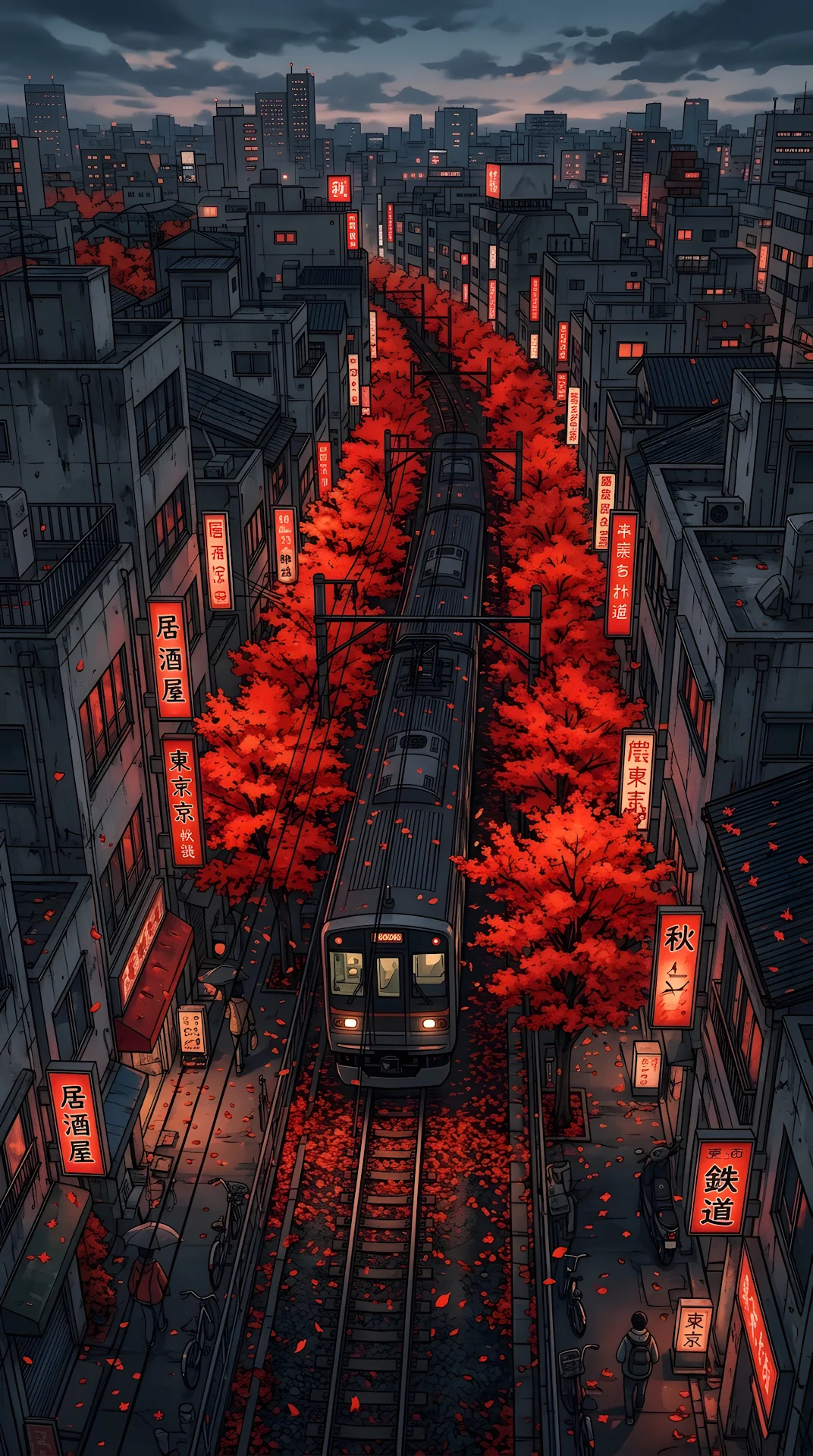 Aerial Anime-Style Illustration of a Dark Train Between Red Autumn Trees in Tokyo - Free 4K mobile Wallpaper