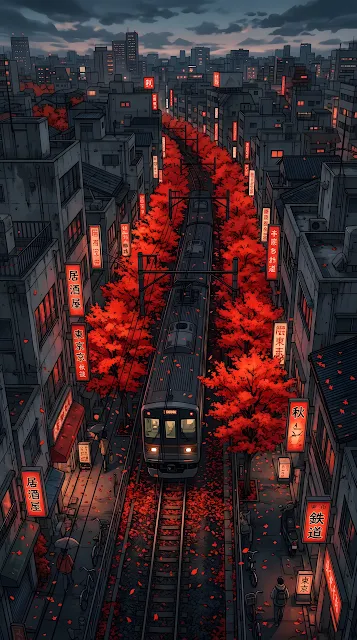 Aerial Anime-Style Illustration of a Dark Train Between Red Autumn Trees in Tokyo - Free mobile Wallpaper