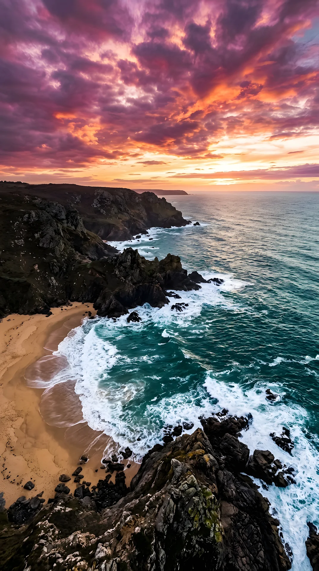 Aerial Coastline With Crashing Waves And Vibrant Purple Sunset - Free 4K mobile Wallpaper