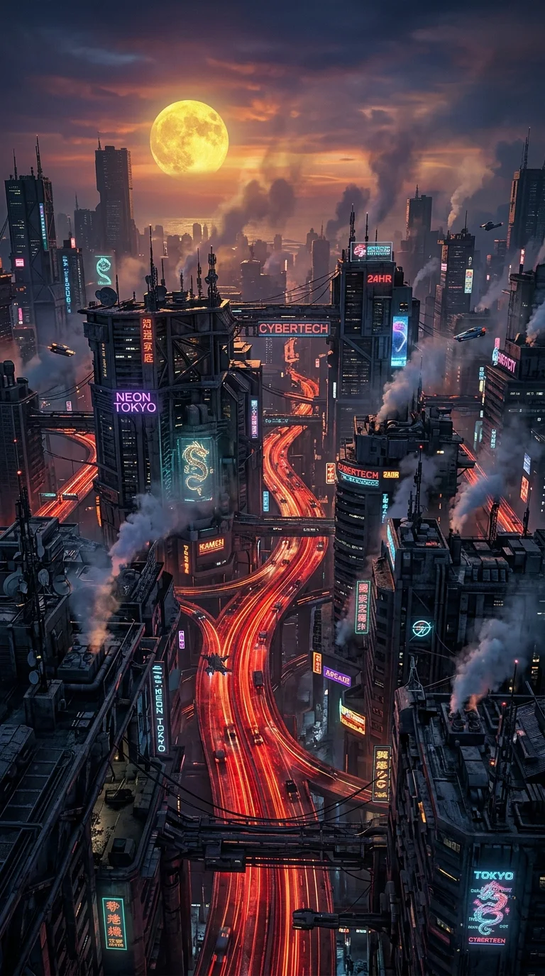 Download Aerial Cyberpunk Cityscape with Glowing Red Traffic and Blood Moon Wallpaper in 4K UHD Aerial Cyberpunk Cityscape with Glowing Red Traffic and Blood Moon - Free 8K and 4K mobile Wallpaper Background
