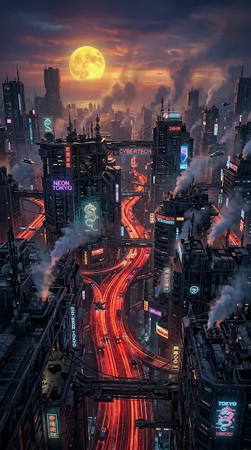 Aerial Cyberpunk Cityscape with Glowing Red Traffic and Blood Moon - Free 4K & 8K mobile Wallpaper