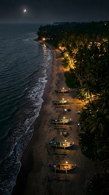 Aerial Night Photograph of Fishing Boats on a Tropical Beach - Free mobile Wallpaper